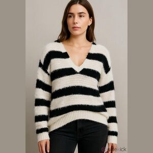 POL Striped Fuzzy Hooded Sweater